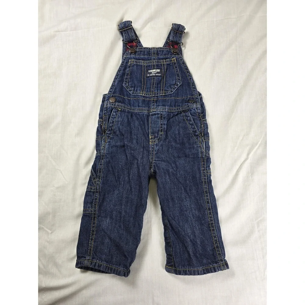 OshKosh B'gosh Overalls Baby Boys 9M‎ Blue Denim Vestbak Lined Plaid Snaps